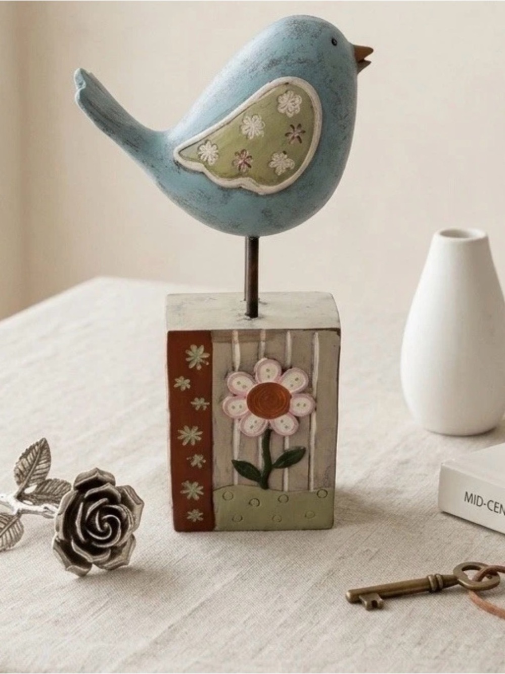 Hand-Painted blue bird  with Floral wood Pedestal | 10” Tall